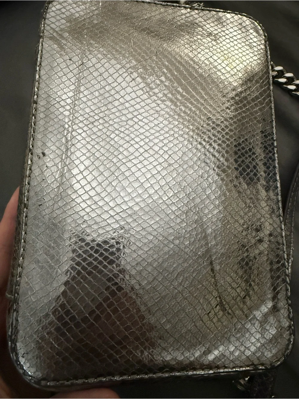 Michael Kors Ginny Metallic Pewter Snakeskin Camera Crossbody Bag READ DESC.